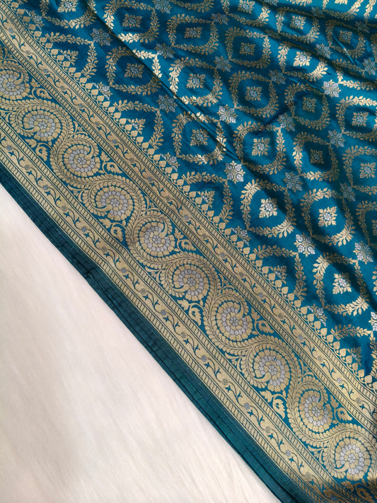 Banarasi Silk Cutwork Saree Teal Blue Shade With Rupa Minakari BCS007   25% Discount