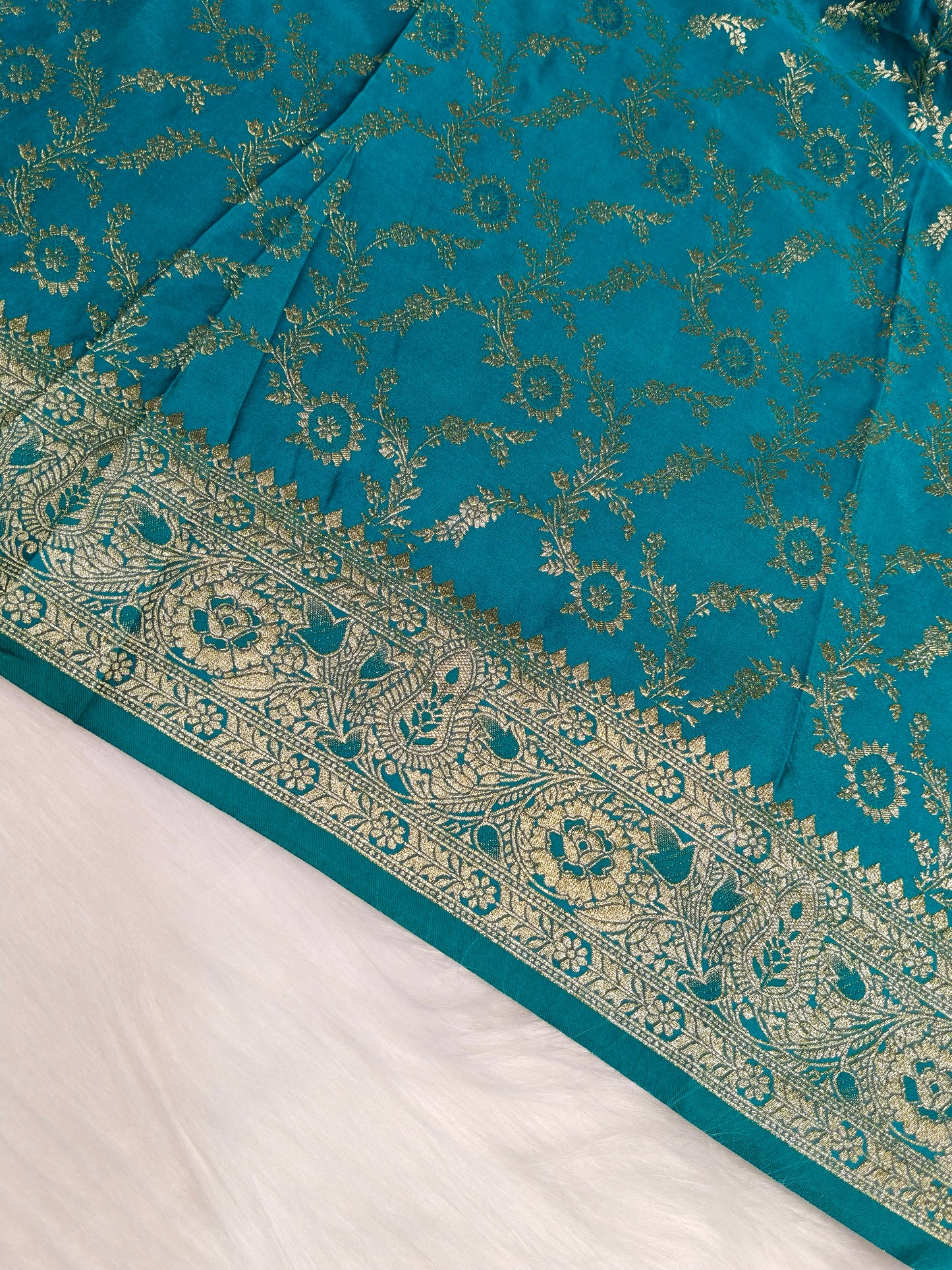 Satin Saree Teal Blue Shade Floral Jaal Pattern SS003   75% Discount