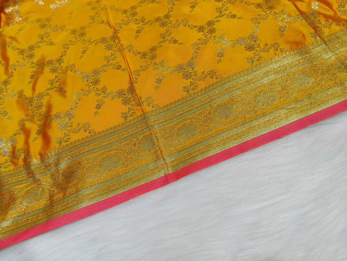 Satin Saree Rani Yellow Shade Floral Jaal Pattern SS007 75% Discount