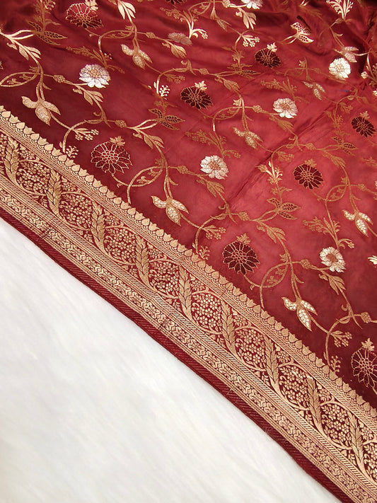 Crepe Banarasi Silk Saree Maroon Shade Floral Jaal Pattern CBS003   50% Discount